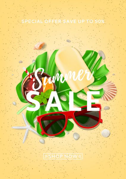 پوستر زیبا برای فروش تابستانی نمای بالای ترکیب با عینک آفتابی صدف‌های دریایی کوکتل تازه و بستنی روی شن‌های دریا وکتور با برگ های گیاه گرمسیری