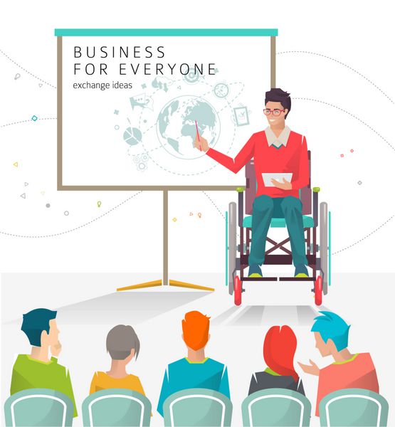 مفهوم مرد دارای معلولیت در حال برگزاری ارائه مرد معلول سخنرانی خواند کنفرانس وکتور تصویر مسطح