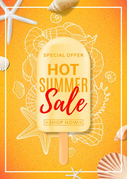 بروشور زیبای نارنجی برای فروش تابستانی نمای بالا در ترکیب با بستنی و صدف وکتور