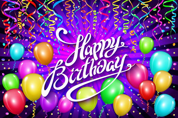 بادکنک تولدت مبارک بالن رنگارنگ پس زمینه بنفش تعطیلات می درخشد تولدت مبارک برای شما لوگو کارت بنر وب طراحی