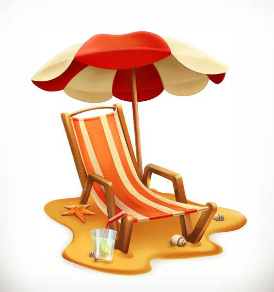 چتر ساحلی و صندلی استراحت نماد وکتور سه بعدی