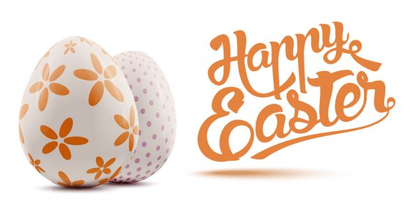 کارت پستال رنگارنگ تعطیلات عید پاک با تخم مرغ های تزئین شده در پس زمینه سفید تصویر واقعی وکتور