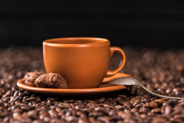 نمای نزدیک فنجان قهوه با کوکی ها روی دانه های قهوه بو داده