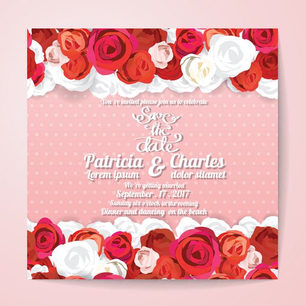 الگوهای کارت دعوت عروسی شکوفه گل رز روی پس زمینه الگوی نقطه صورتی