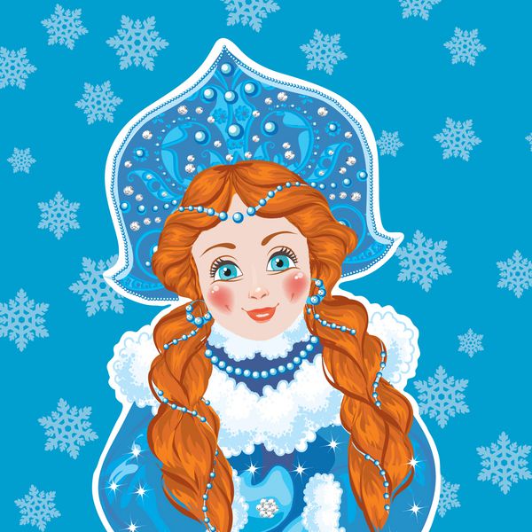 Snow Maiden در پس زمینه آبی با دانه های برف سفید