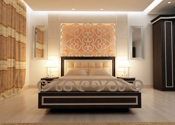 طراحی داخلی اتاق خواب بزرگ مدرن رندر سه بعدی