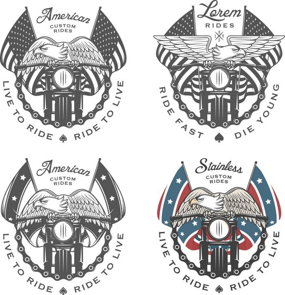 مجموعه ای از نمادهای موتور سیکلت قدیمی و عناصر طراحی
