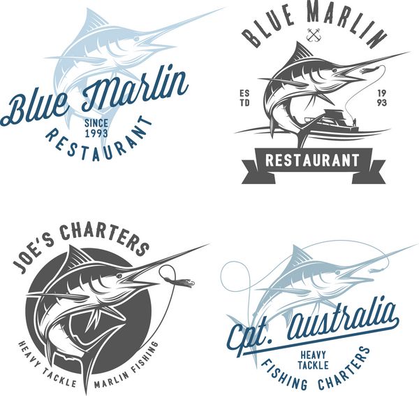 مجموعه ای از نمادهای ماهیگیری مارلین نشان ها و عناصر طراحی