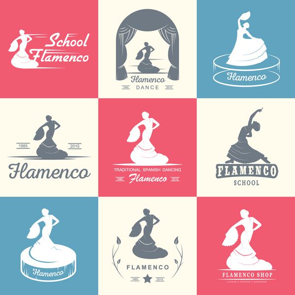 مجموعه ای از لوگوهای وکتور نشان ها و سیلوئت های فلامنکو مجموعه نمادهای رقص سنتی اسپانیایی مدرسه علائم باشگاه ها مغازه ها و استودیوهای فلامنکو جدا شده در پس زمینه سفید