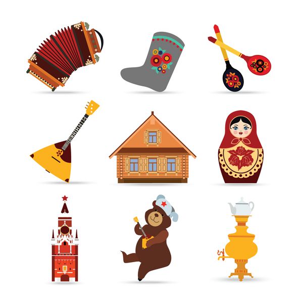 مجموعه ای از نمادهای مسطح جدا شده رنگارنگ سفر روسیه روسی