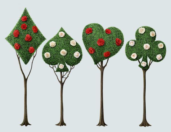 مجموعه ای از چهار درخت عجیب و غریب با کت و شلوار کارتی و گل رز