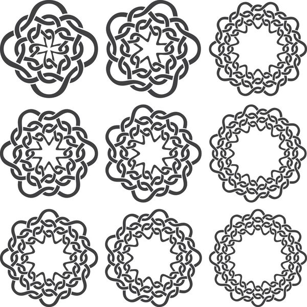 مجموعه حلقه های گره سلتیک نه عنصر تزئینی دایره ای با نوارهای بافته شده برای طراحی شما