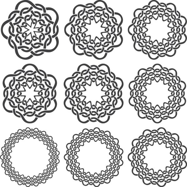 مجموعه حلقه های گره سلتیک نه عنصر تزئینی دایره ای با نوارهای بافته شده برای طراحی شما