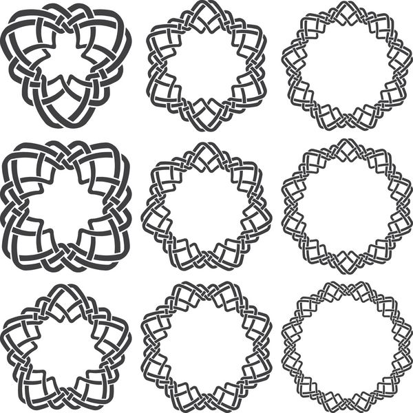 ست حلقه گره جادویی نه عنصر تزئینی دایره ای با نوارهای بافته شده برای طراحی شما