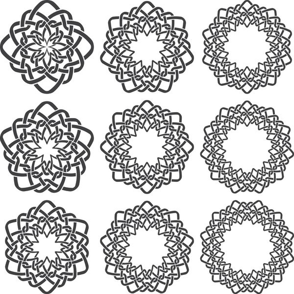 ست حلقه گره جادویی نه عنصر تزئینی دایره ای با نوارهای بافته شده برای طراحی شما