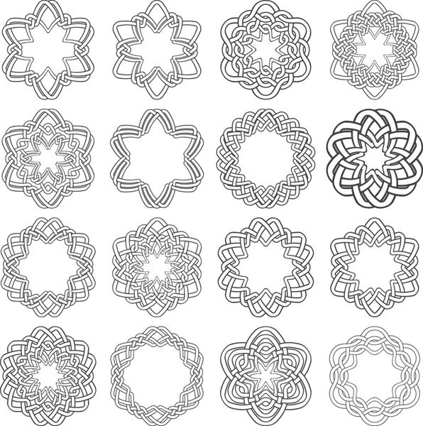 مجموعه دایره های گره زن جادویی شانزده عنصر تزئینی شش ضلعی با نوارهای بافته شده برای طراحی لوگو یا قاب مونوگرام شما مجموعه خلاقانه ماندالا