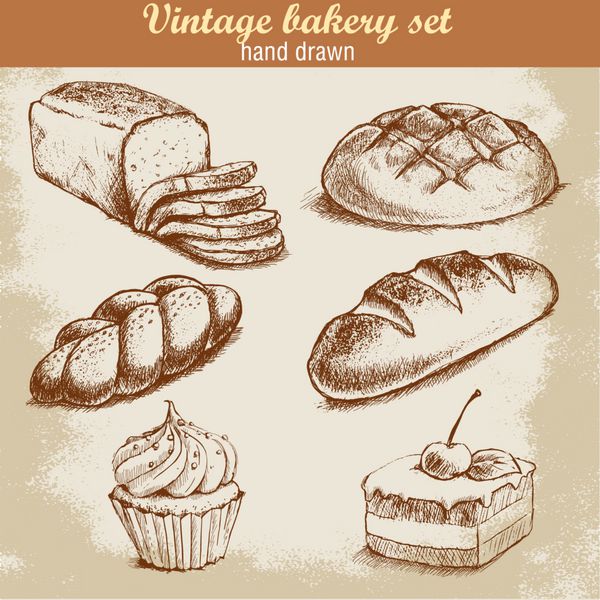 مجموعه شیرینی پزی به سبک طراحی دستی قدیمی شیرینی نان و شیرینی در پس زمینه گرانج