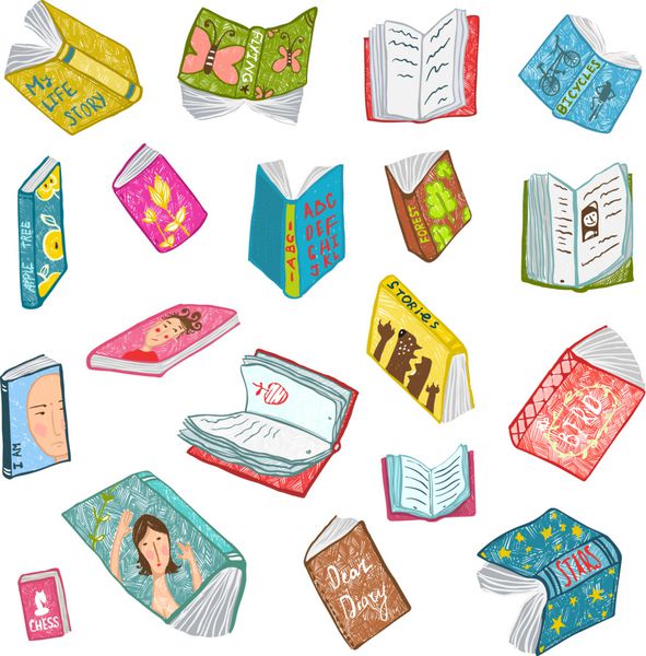 مجموعه کتابخانه طراحی کتابهای باز رنگارنگ