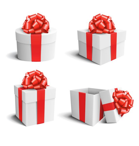 مجموعه ای از جعبه های هدیه جشن سفید با کمان قرمز ایزو