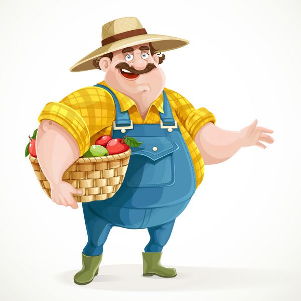 کشاورز چاق با لباس‌هایی که سبدی سیب در دست دارد و نشان می‌دهد