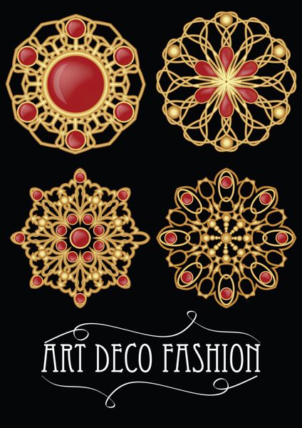 ست سنجاق سینه طلایی با گارنت های نگینی قرمز به سبک آرت دکو جواهر متقارن گرد از فلز طلا