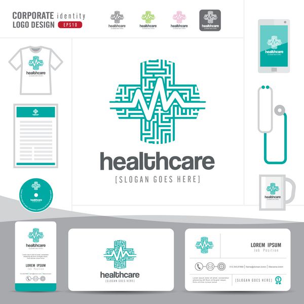 الگوی طراحی لوگو مراقبت های بهداشتی پزشکی یا بیمارستان و کارت ویزیت با الگوی صاف و مدرن هویت شرکتی تصویرگر وکتور