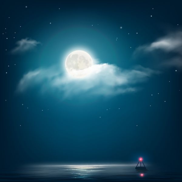 پس زمینه طبیعت شب آسمان ابری با ستاره ها ماه و دریای آرام با فانوس دریایی وکتور