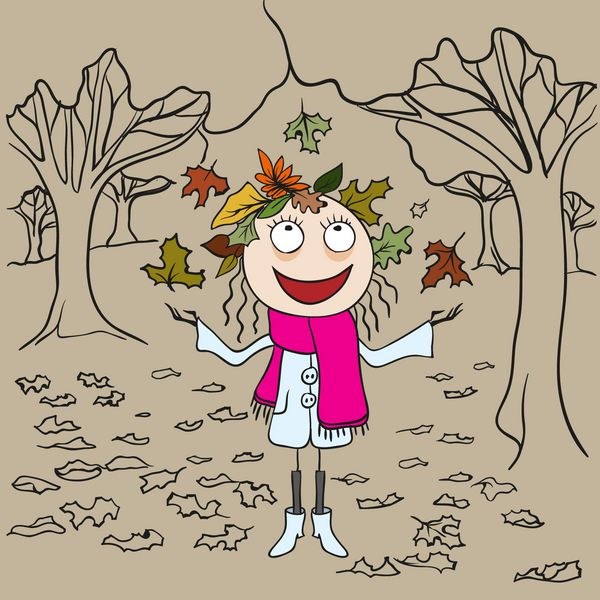 دختری در پارک برگ های پاییزی را پرتاب می کند منظره پاییزی
