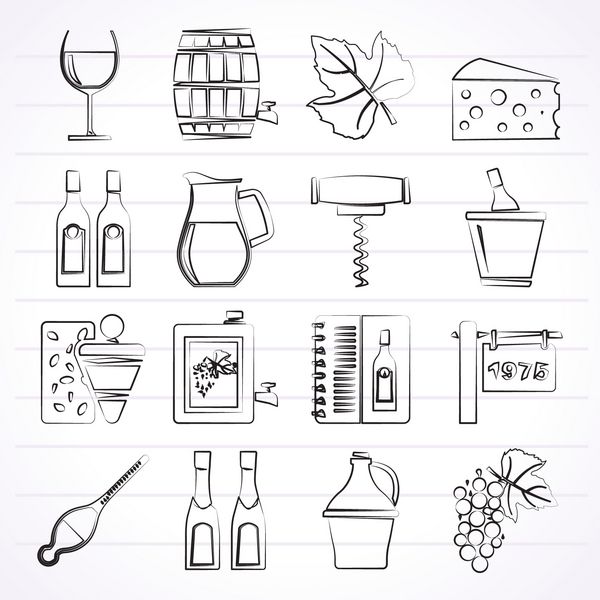 نمادهای اشیاء صنعت شراب - مجموعه آیکون های برداری