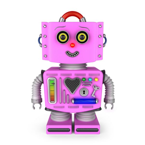 دختر ربات اسباب‌بازی کلاسیک صورتی روی پس‌زمینه سفید که به دوربین لبخند می‌زند
