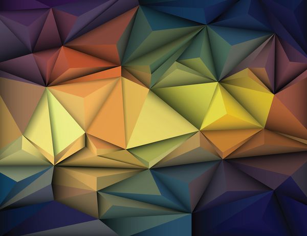 وکتور انتزاعی سه بعدی هندسی چند ضلعی شکل الگوی مثلثی و پس زمینه چند رنگ آبی بنفش زرد و سبز