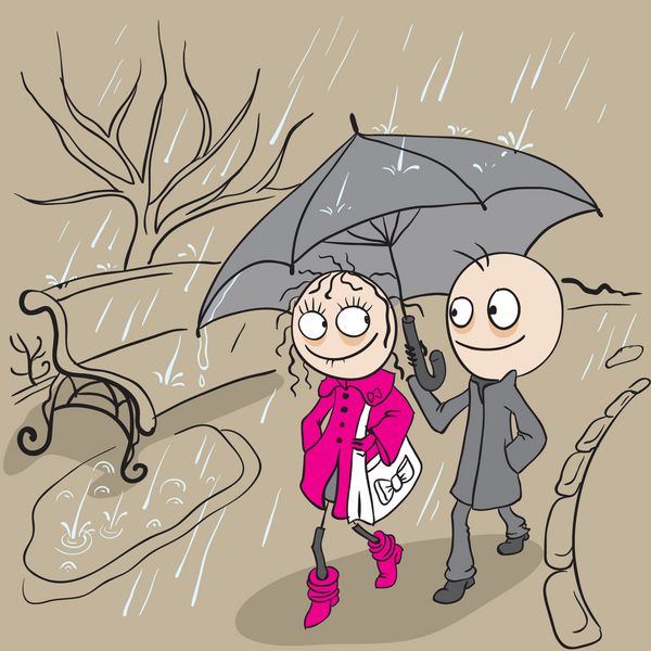 زوج عاشق در حال قدم زدن در پارک زیر باران باران هوای پاییزی