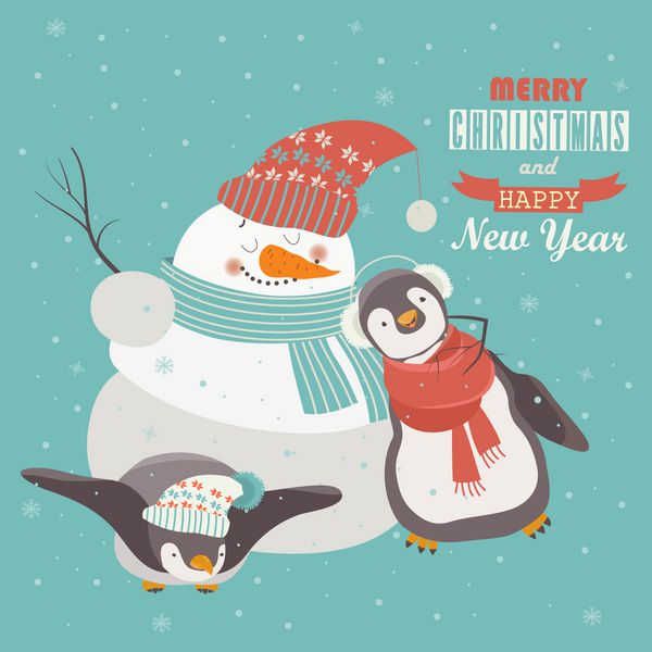 پنگوئن های بامزه با آدم برفی در حال جشن گرفتن کریسمس