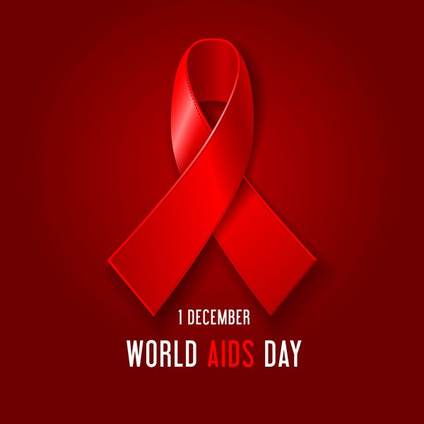 پوستر مفهومی روز جهانی ایدز با روبان قرمز آگاهی از ایدز نماد همبستگی با افراد HIV مثبت و متن روی پس‌زمینه قرمز تیره