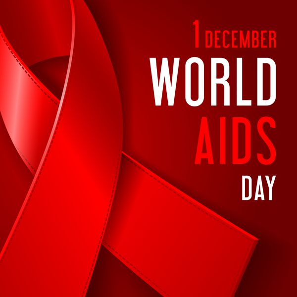 پوستر مفهومی روز جهانی ایدز با روبان قرمز آگاهی از ایدز نماد همبستگی با افراد HIV مثبت و متن روی پس‌زمینه قرمز تیره