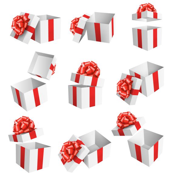 مجموعه ای از جعبه های هدیه جشن سفید با کمان قرمز ایزو