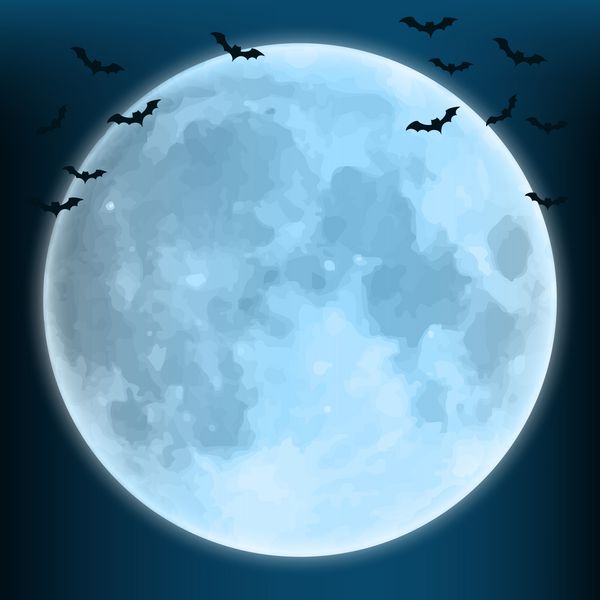 ماه آبی درخشان در پس زمینه آبی تیره با خفاش