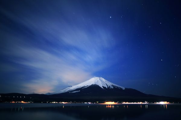 کوه فوجی و دریاچه یاماناکا در شب