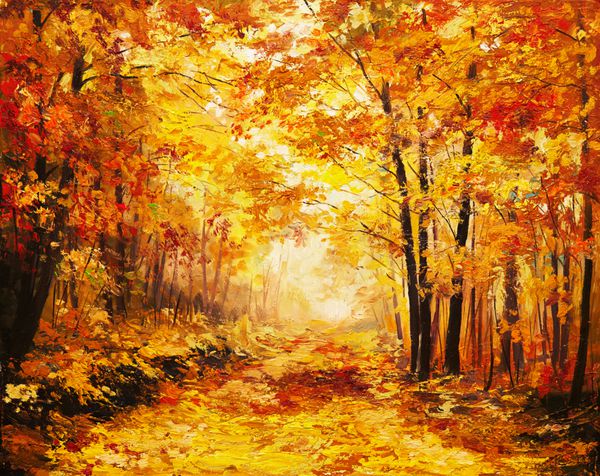 منظره نقاشی رنگ روغن - جنگل رنگارنگ پاییزی