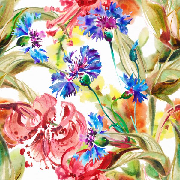 کاغذ دیواری بدون درز با گل های لیلی تصویر آبرنگ آلبوم آب رنگ بدون درز با پس زمینه آلبوم Lilies Picturesque