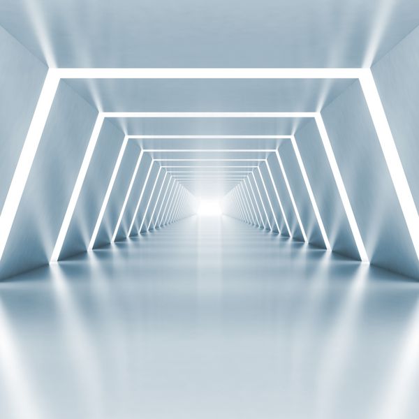 انتزاعی فضای داخلی راهرو درخشان آبی روشن با نورپردازی تصویر رندر سه بعدی