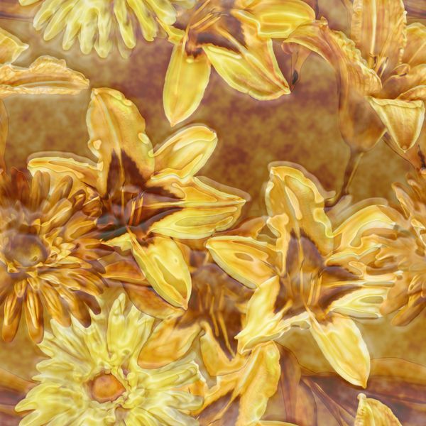 طرح تک‌رنگ طلایی تار و بدون درز گل‌های قدیمی با نیلوفرهای طلایی سفید و زرد و ژربرا در پس‌زمینه تیره با جلوه سه‌بعدی