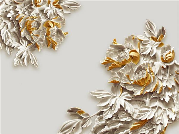 طرح کاغذ دیواری سه بعدی گل های طلایی برجسته