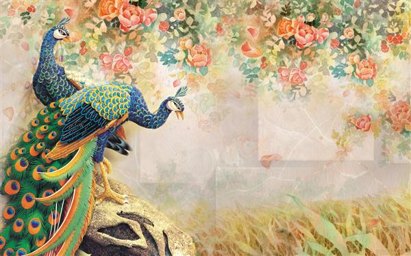 طرح پوستر کاغذ دیواری سه بعدی گل و طاووس