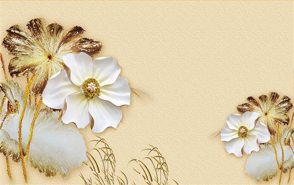 طرح پوستر کاغذ دیواری سه بعدی گل های طلایی و سفید