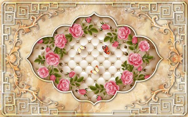 طرح پوستر کاغذ دیواری سه بعدی گل های رز صورتی و حاشیه کلاسیک