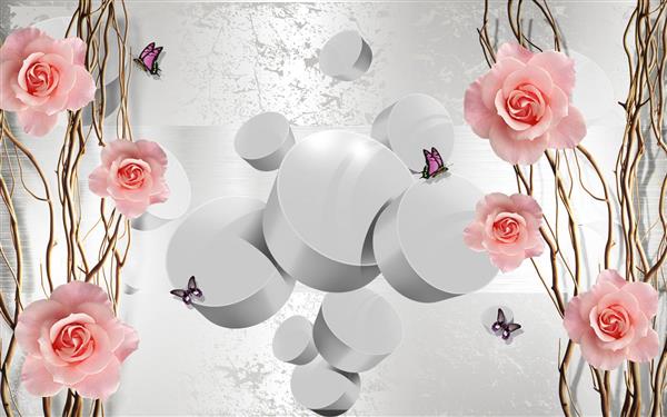 طرح پوستر کاغذ دیواری سه بعدی گل های صورتی در پس زمینه سه بعدی
