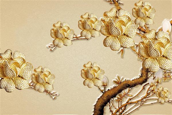 طرح پوستر کاغذ دیواری سه بعدی شکوفه و گل های طلایی