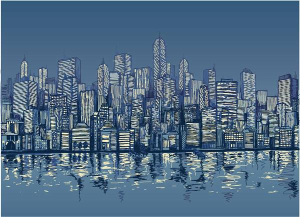 طرح آبی از دید افقی شهر و آب در شب وکتور