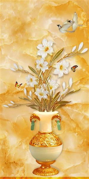 طرح پوستر کاغذ دیواری سه بعدی گل های سفید در گلدان طلایی